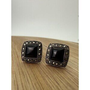 Vintage Sterling Silver Black Onyx Marcasite Square Earrings 925